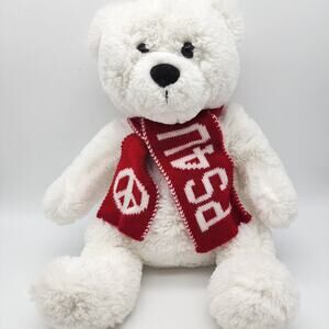 Aero Aeropostale Teddy Bear Plush 14" White Fur Red Scarf Hard Eyes Sits Up 2011
